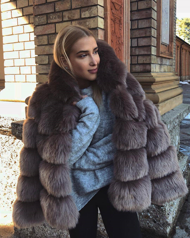 Manteau de fourrure chaud épais à manches longues pour femme, veste à capuche, automne et hiver
