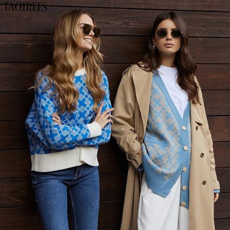 Taotrees maglione caldo morbido da donna o-collo Retro motivi geometrici maglione maglia contrasto colore sciolto top Pullover