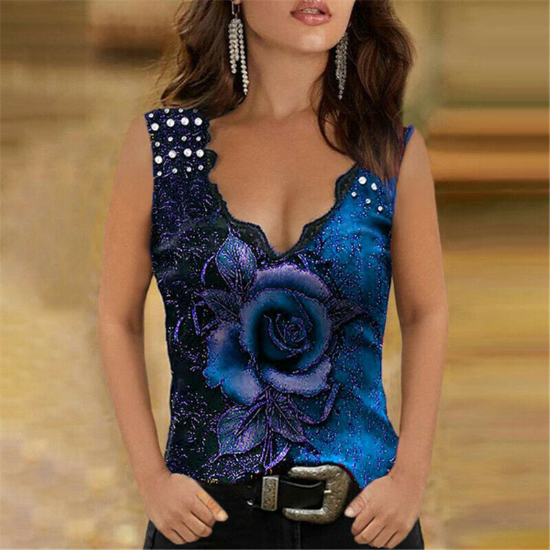 Novo 2022 verão sexy magro tops moda blusas femininas rendas retalhos floral impressão camisa casual sem mangas blusa feminina de grandes dimensões