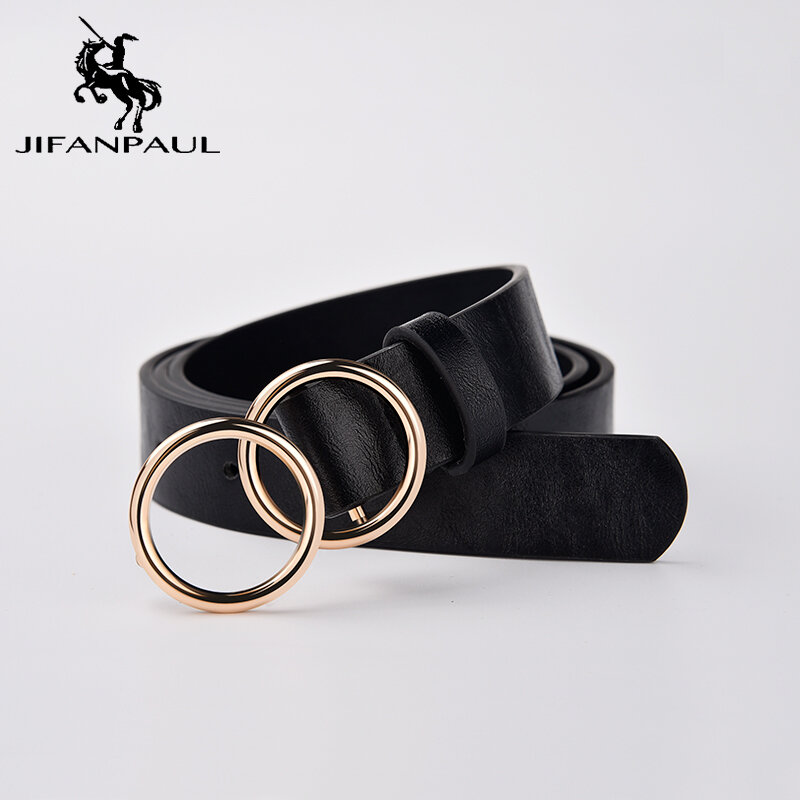 JIFANPAUL-Cinturón de cuero genuino para mujer, hebilla de doble anillo de aleación, ajustable, retro, punk, para vestido, jeans, cinturones para estudiantes