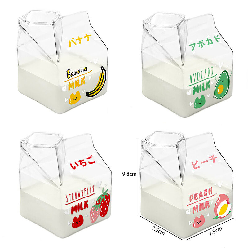 Caja de vidrio para leche, recipiente cuadrado de dibujos animados, resistente al calor, 380ml, soporte para botella Kawaii