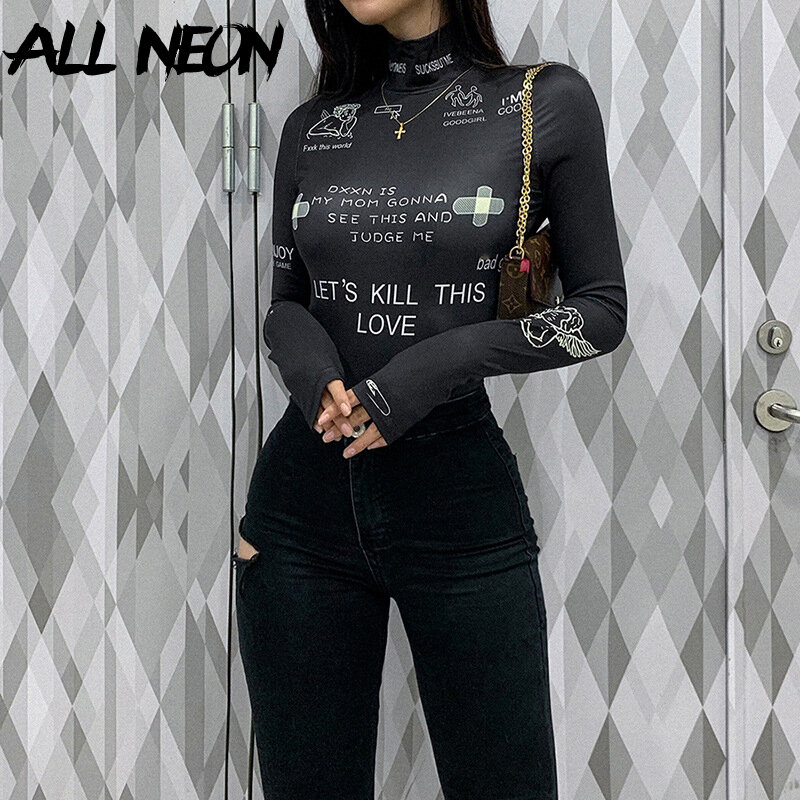 ALLNeon Y2K Aesthetics Graphic Printing Turtleneck Long Sleeve Bodysuits E-girl 90s Fashion Letter Skinny Romper Cute Streetwear