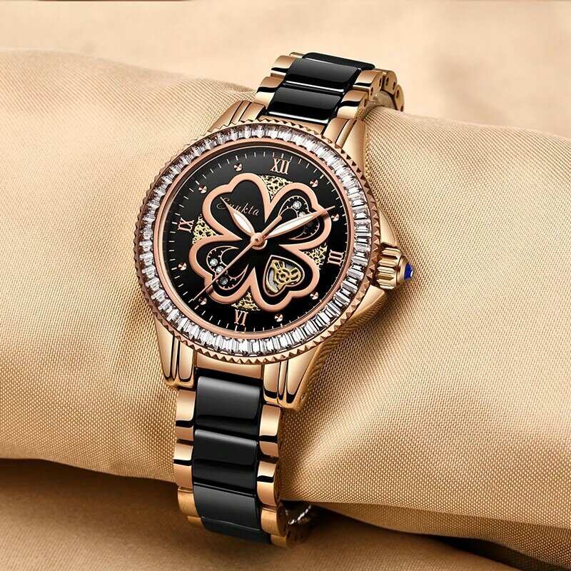 SUNKTA2019 nowy różowe złoto kobiet zegarki diament kwarcowy zegarki damskie zegarki Top marka luksusowe kobiet zegarek kwarcowy dziewczyna zegar Relogio Feminino + pudełko