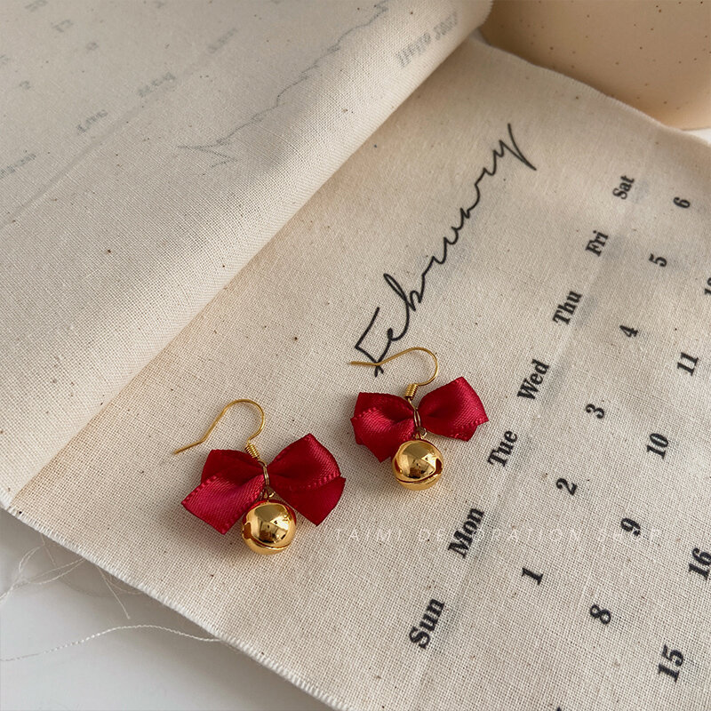 Boucles d'oreilles cloche avec nœud rouge, élégantes, pour nouvel an et nouvel an