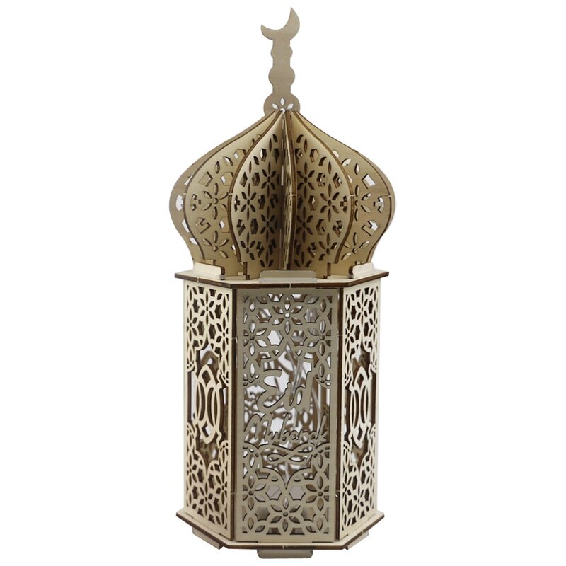 목조 Eid 데스크탑 장식 무바라크 이슬람 나무 공예 따뜻한 조명 랜턴 장식품 Eid 이슬람 이슬람 라마단 파티