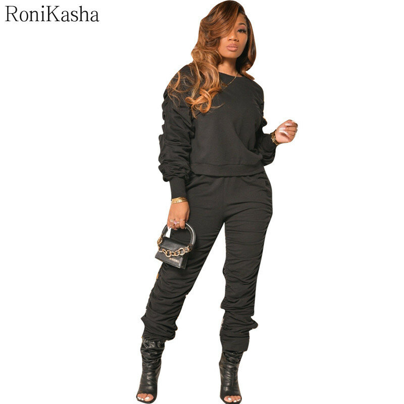 Ronikasha 2 peça roupas femininas agasalho puff manga moletom e magro calças compridas definir jogging ternos