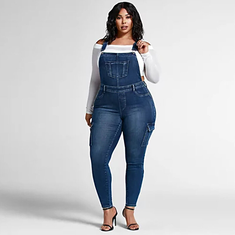 5XL Plus Size Casual Women Adjustable Strap Denim All-Season Full Length Ladies Pockets Slim Fit Overalls Female Suspender Jeans