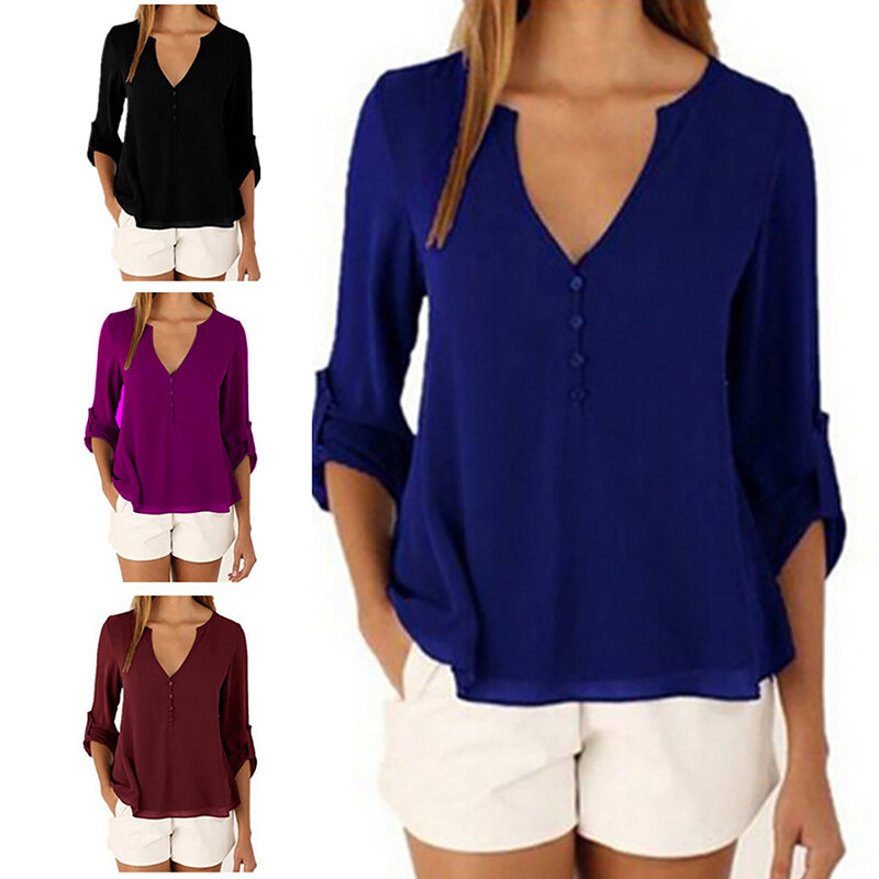 Summer Women's Casual V-neck Long Sleeve Chiffon  Loose Top Elegant And Charming Suitable For Office Work