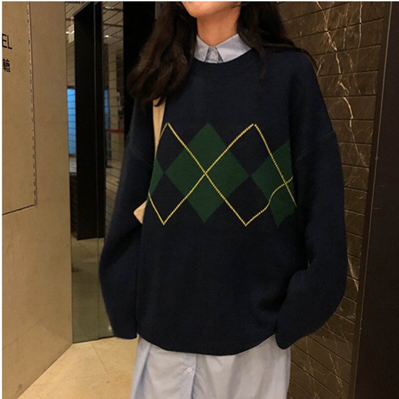 Coreano estilo universitário outono inverno geométrico padrão argyle pullovers solto oversized o-pescoço malha suéteres mulher jumper mujer