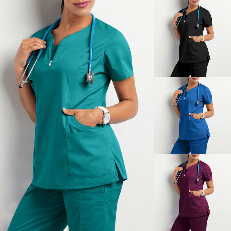 Atasan Scrub kerah V melar untuk wanita kaus lengan pendek Solid seragam perawat Salon kecantikan dengan blus pekerja perawatan saku