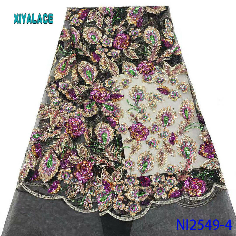 Tecido de renda francês tecido do laço 2020 alta qualidade africano nigeriano flor bordado tule tecido renda lantejoulas YANI2549-4