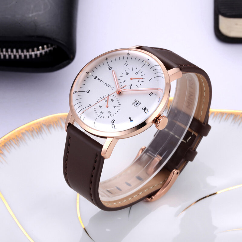 MINI FOCUS Fashion Watch dla mężczyzn zegarek kwarcowy brązowa prawdziwa skóra pasek automatyczne wyświetlanie daty klasyczne zegarki biznesowe