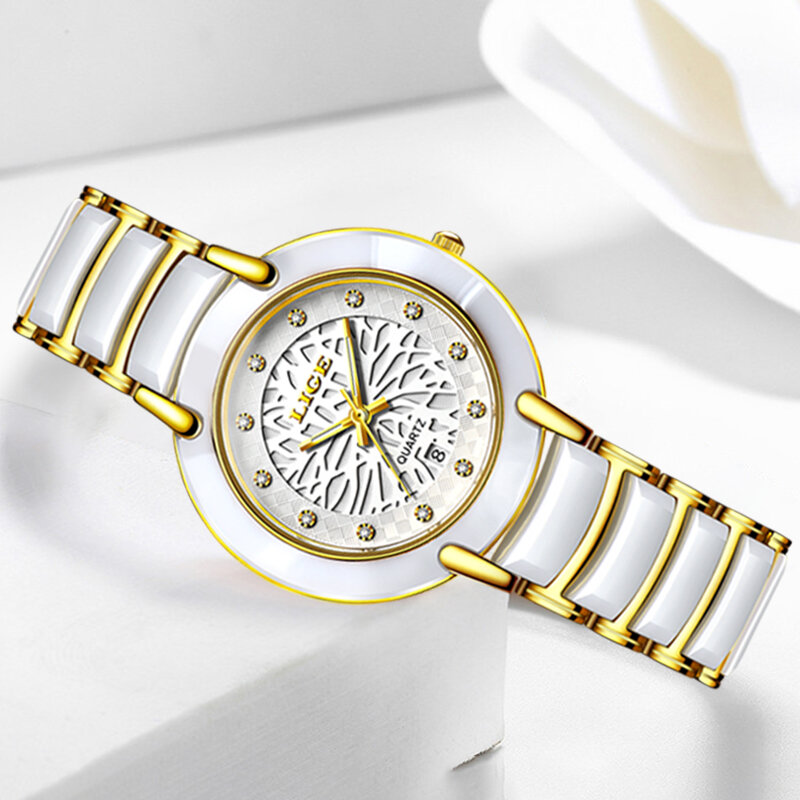 Часы наручные LIGE женские керамические, простые повседневные модные спортивные водонепроницаемые с бриллиантами, 2022