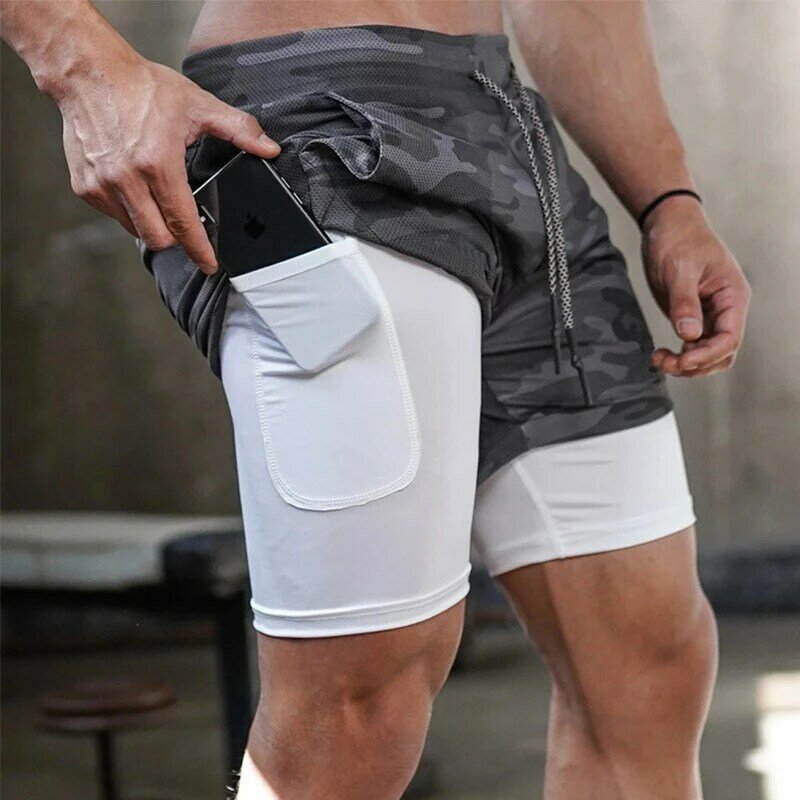 Pantalones cortos para correr de hombre, 2 en 1, para deporte, Fitness, entrenamiento, se secado rápido