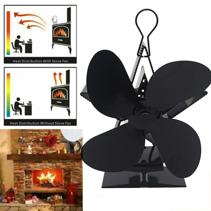 4 Blades Heat Powered Stove Fan Silent Home Fireplace Fan Self-Powered High Temperature Resistant Safe Fireplace Fan Base