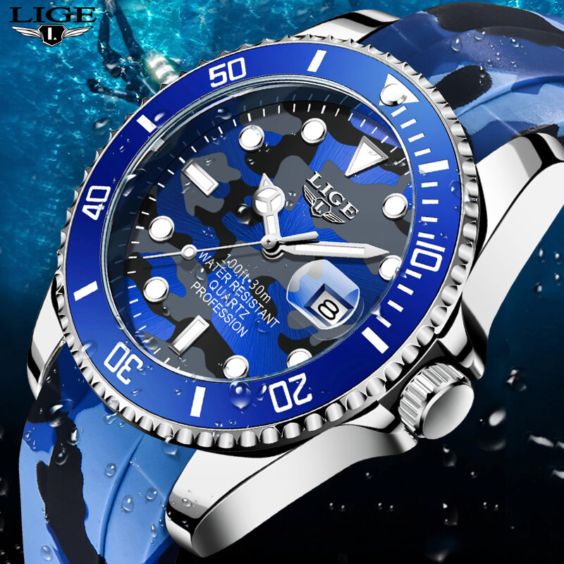 LIGE-Reloj de pulsera deportivo para hombre, cronógrafo informal de silicona, resistente al agua 30ATM, con fecha, luminoso