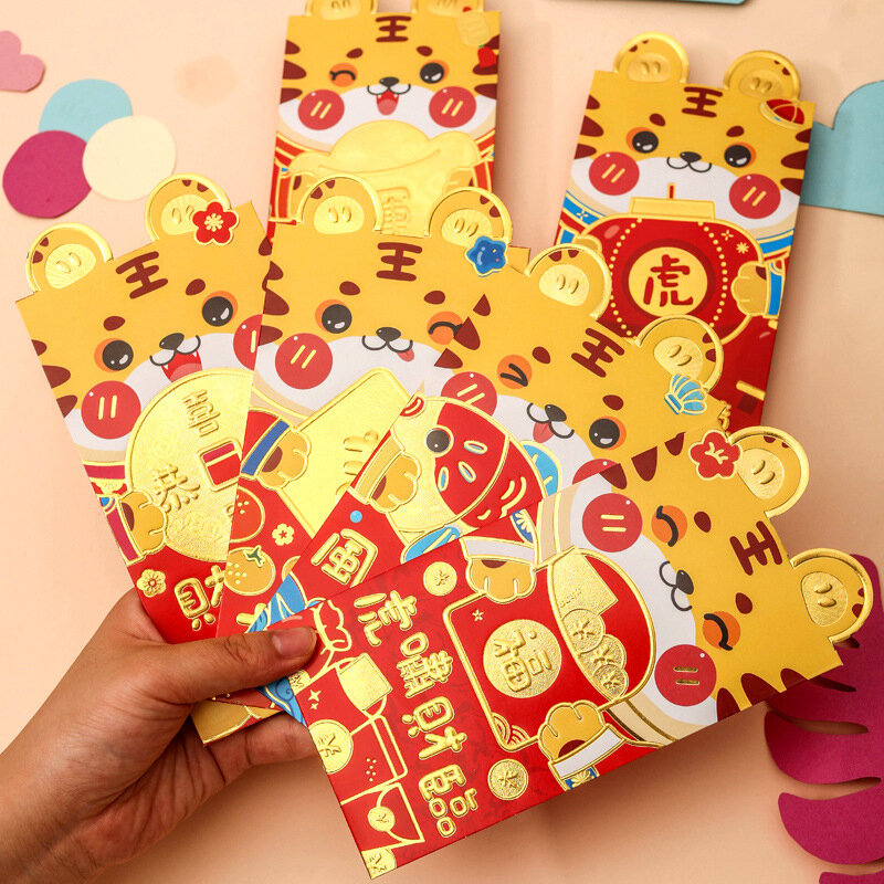 Enveloppes rouge porte-bonheur fête du printemps chinois 2022, 6 pièces, paquet rouge de l'année du tigre, sac cadeau traditionnel du nouvel an Hongbao