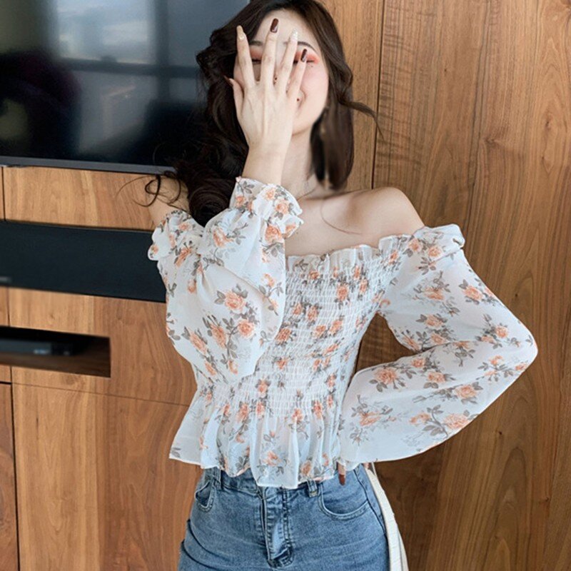 한국어 인쇄 시폰 블라우스 여성 캐주얼 꽃 인쇄 슬래시 목 셔츠 패션 긴 소매 슬림 블라우스 한 사이즈