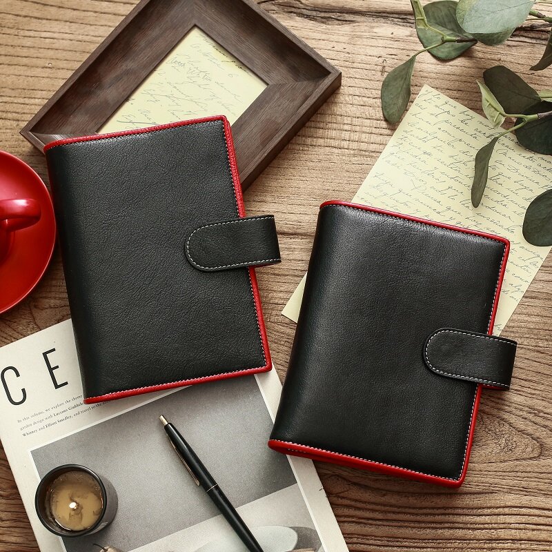 Lovedoki preto vermelho solto folha caderno livro de couro genuíno capa verdadeiro a6 bonito 6 anel binder doki livro organizador orçamento