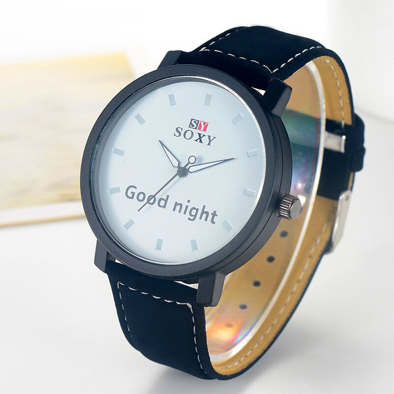 Marca soxy relógio de couro masculino moda quartzo relógios apuramento impresso "boa noite" relógio redondo dial relógio de pulso masculino