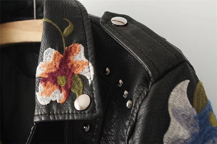2020 płaszcz haft faux skórzana kurtka PU kobiety wiosna jesień moda motocykl kurtka czarna sztuczna skóra płaszcze odzież wierzchnia