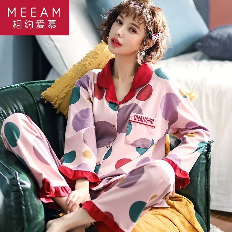 Pijamas de algodón puro de manga larga para mujer, traje de dos piezas para primavera y otoño, abrigo de habitación con aire acondicionado, ropa de abrigo bonita