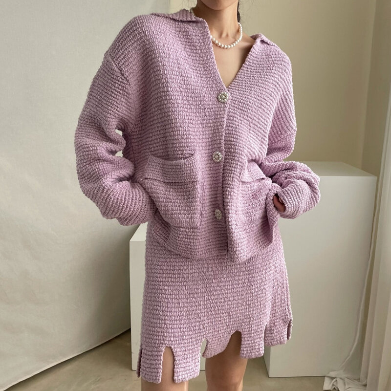 2021 outono de malha duas peças conjunto saia feminina coreano moda manga longa camisola malha cintura alta dividir mini saia ternos