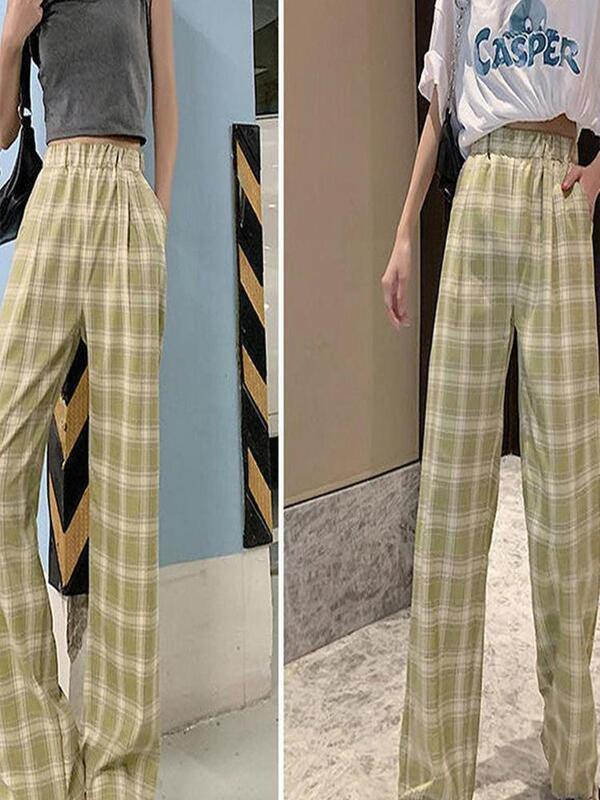 Celana Kotak-kotak Baru Wanita Musim Panas 2021 Versi Korea Baru Longgar dan Celana Celana Tipis Liar Lebar-kaki Kasual Lurus K6k7