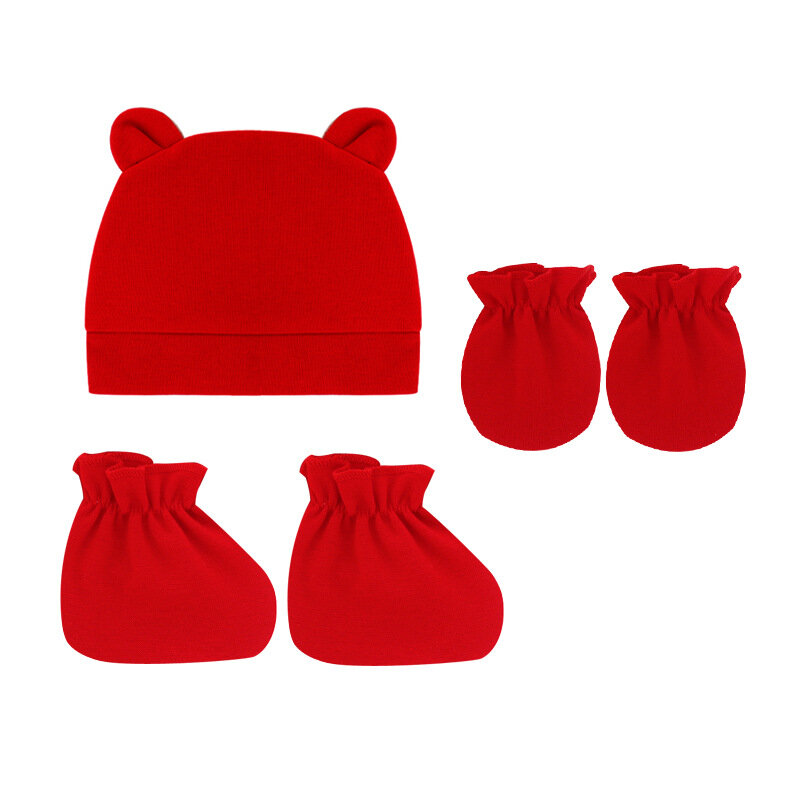 Infant Solid Color Cotton Warm Hat Gloves and Foot Cover Three Piece Set Cute Cartoon Ears Newborn Caps Kids Photography Props