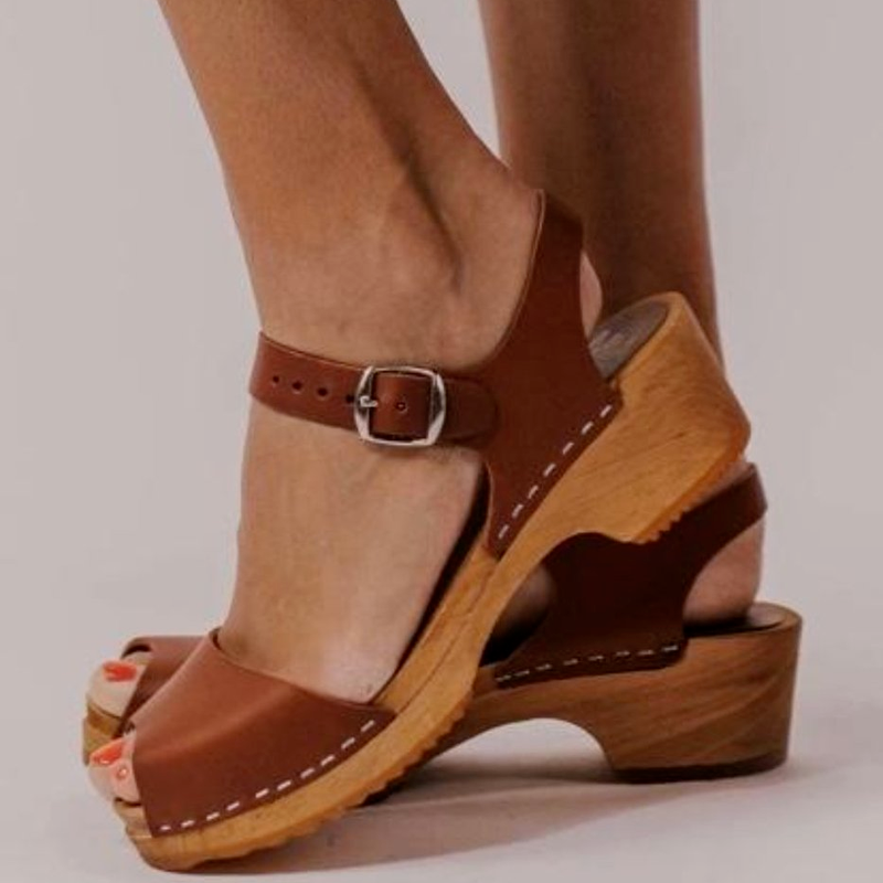 Сандалии 1KB072 Женские однотонные, простая повседневная универсальная обувь из искусственной кожи с открытым носком, на каблуке, с пряжкой, д...
