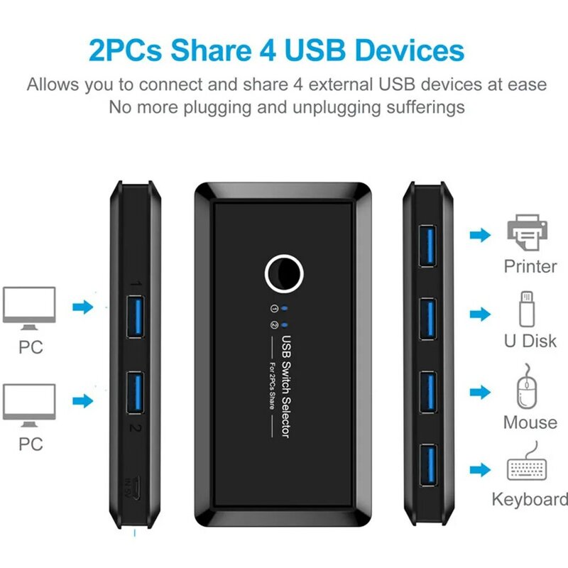 Квм-переключатель USB 3,0 2,0, 2 порта, 4 устройства для клавиатуры, мыши, принтера, монитора USB 2,0, 3,0 переключатель