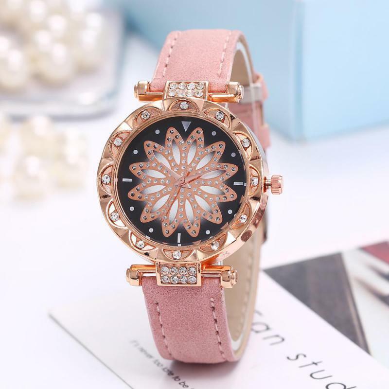 Relógio feminino visor céu estrelado, relógio de pulso pulseira de couro quartz ouro rosa