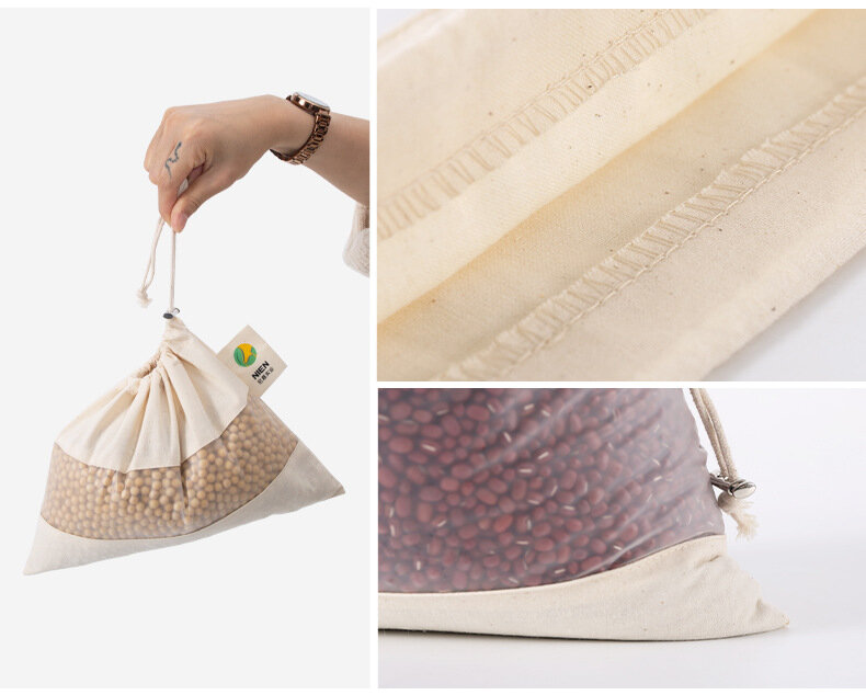 Conjunto de bolsas ecológicas de algodão, bolsa de armazenamento para cozinha, bolsa reutilizável de algodão, produz sacolas com cordão, bolsa de compras reutilizável com janela