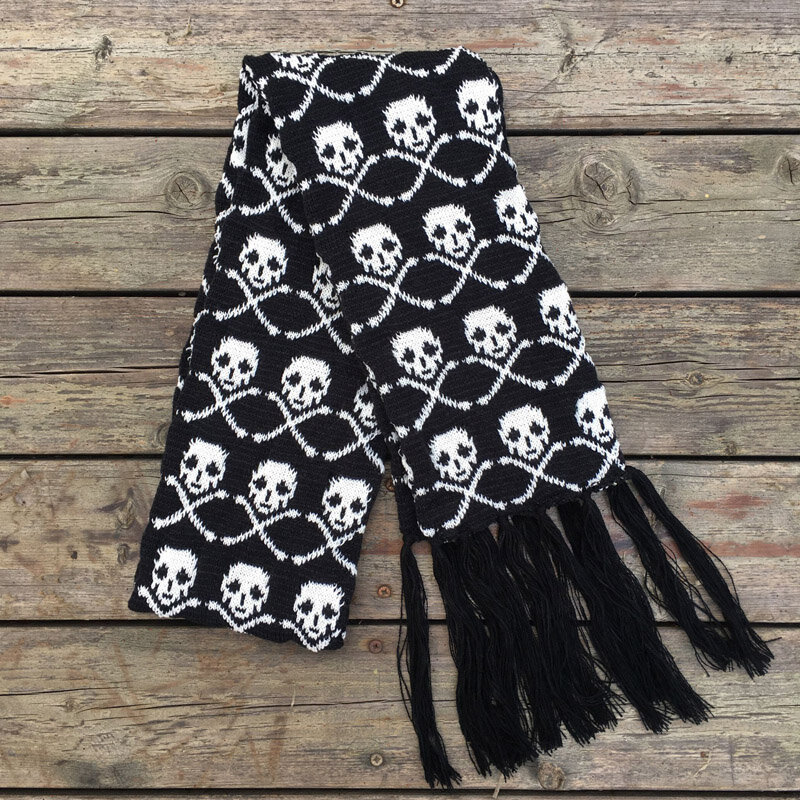 Wholesale Italy stylish skull winter knitted unisex women men scarf skeleton acrylic scarf wraps with fringe black  LL171011