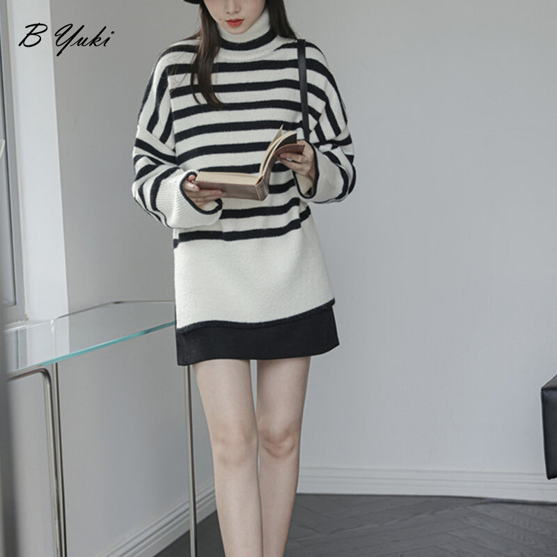 Blessyuki Oversized Turtleneck Knitted Sweater Women Casual Stitching Contrast Classic Stripes Pullover Female Fashion Split Top