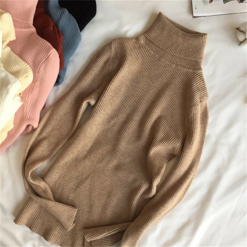 Suéter grueso de punto para mujer, Jersey acanalado de manga larga, cuello alto, suave y cálido, otoño e invierno, 2021