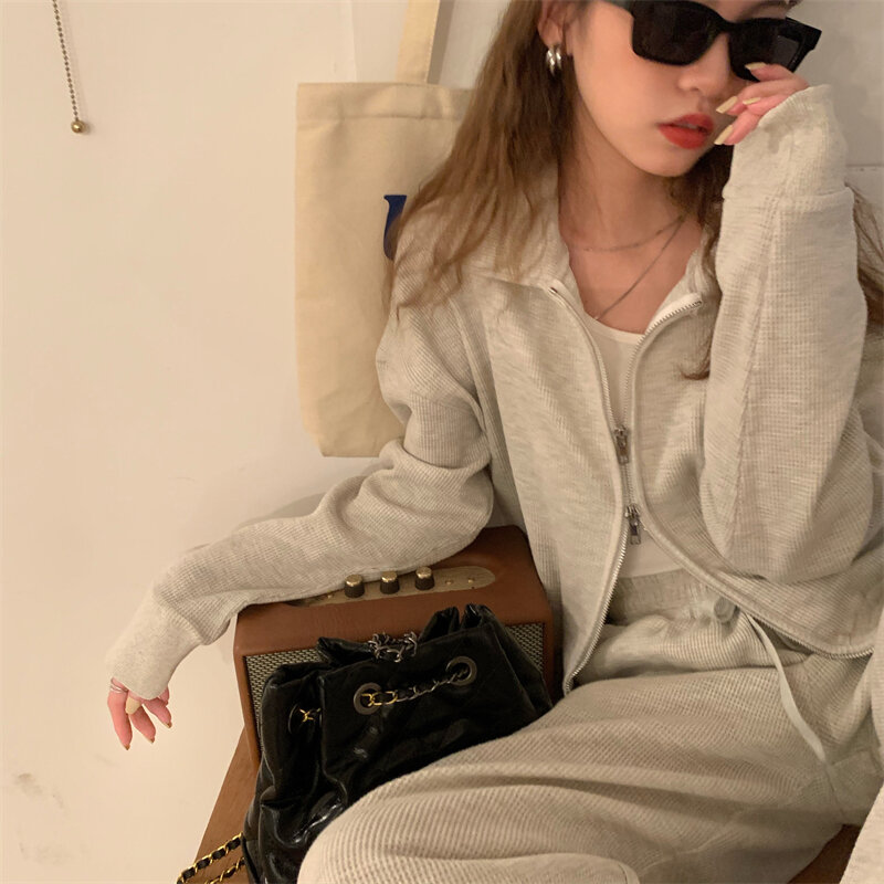 Autumn Women New Lapel Long Sleeved Jacket  Drawstring Trousers Female Casual Two Piece Set