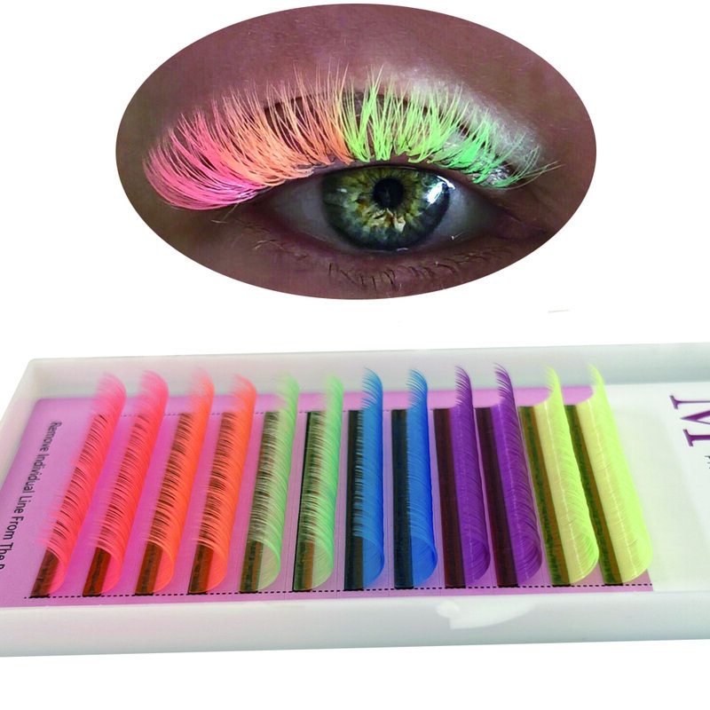 HIMEECIL Neon Lash แต่ละ Glow In The Dark สี Eyelash Extension นุ่มธรรมชาติความงาม Silk Eye Lashes Mink