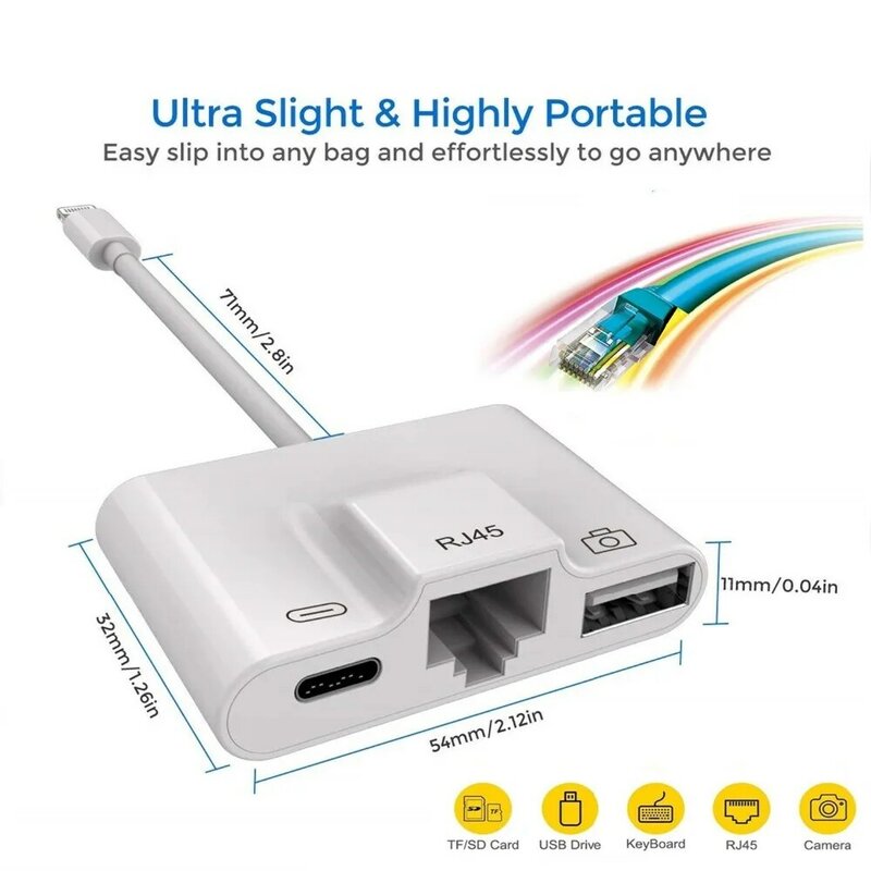 Lightning To 100Mbps Ethernet RJ45 อะแดปเตอร์OTG USB ReaderสำหรับiPhone/iPad 3 In 1 อะแดปเตอร์Connector