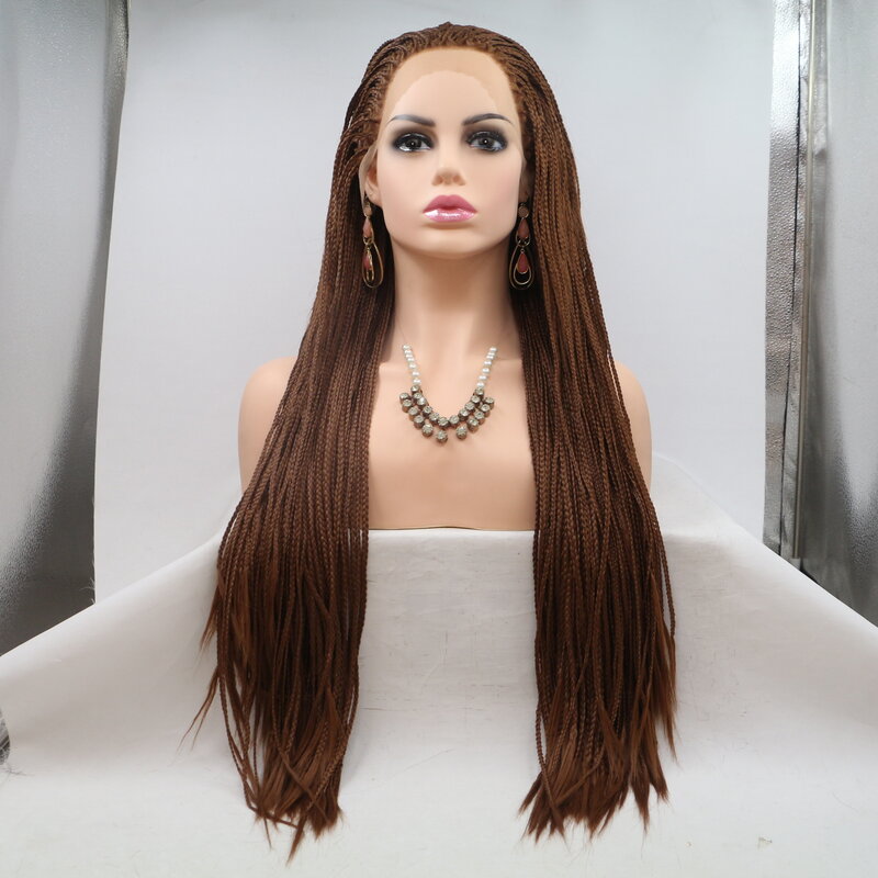 Brown13 * 4 caixa trançado perucas frente do laço artesanal micro trançado em linha reta cabelo sintético completo longo trança perucas de cabelo do bebê