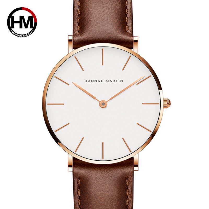 Hannah Martin Women Watches Top Brand Rose Gold Brown Leather Strap Ladies Watch Casual Waterproof  Female Watch Women Clock