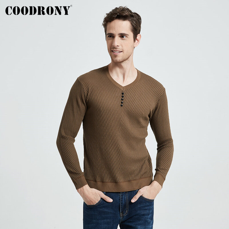 COODRONY 브랜드 스웨터 남성용 캐주얼 버튼 V넥 풀오버 셔츠, 슬림핏 긴팔 니트 소프트 코튼 풀 옴므, 봄 가을