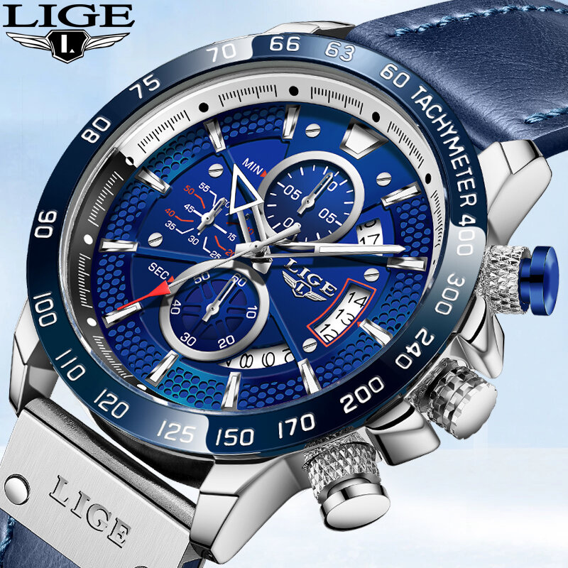 LIGE – montre en cuir véritable pour homme, marque de luxe, étanche, chronographe, décontractée