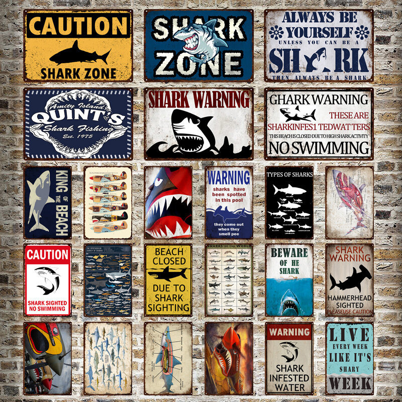 상어 포스터 금속 징후 빈티지 주석 기호 재미 있은 경고 영화 레트로 포스터 바 펍 주방 클럽 철 그림 벽 장식