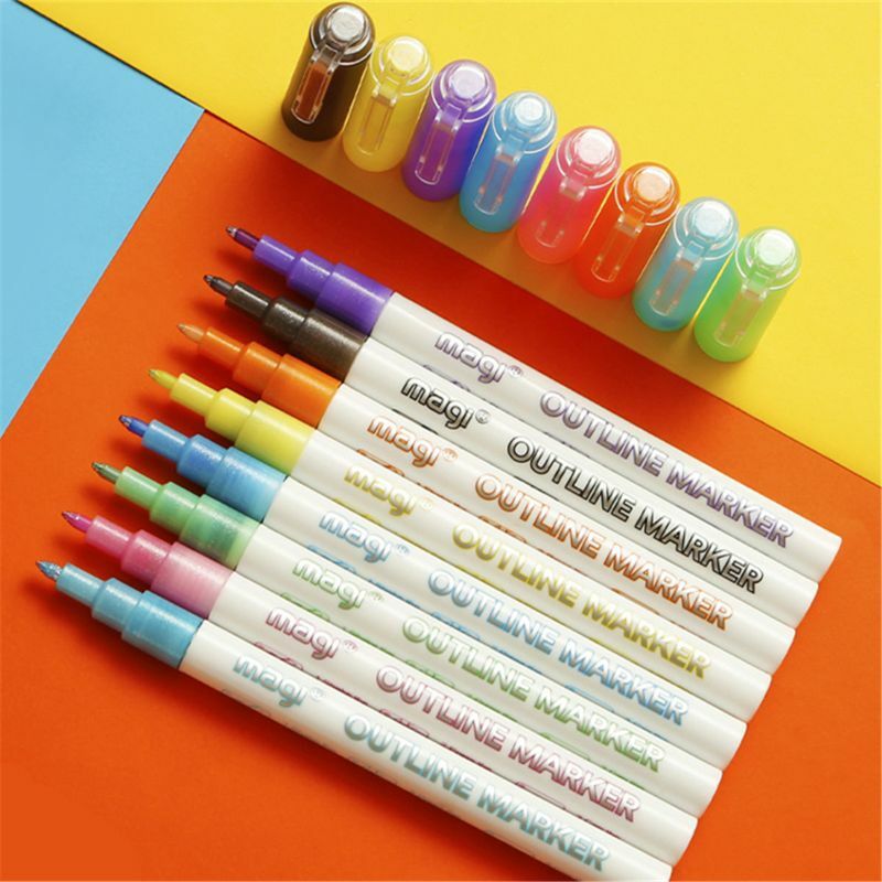 Feutres métalliques à contour automatique 8 pièces, stylos BuIIet JournaI à Double ligne et marqueurs permanents colorés pour enfants adultes Amateurs