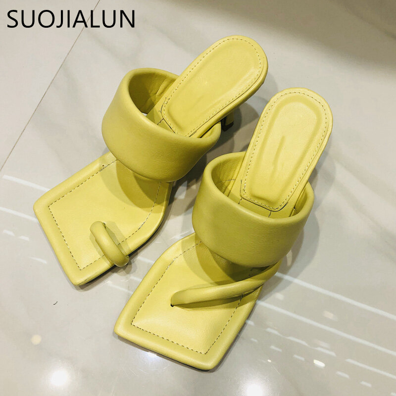 Suojialun 2020 新デザインスクエアトゥシンハイヒールスリッパ夏の屋外スリップドレス靴女性のエレガントなスライドサンダル