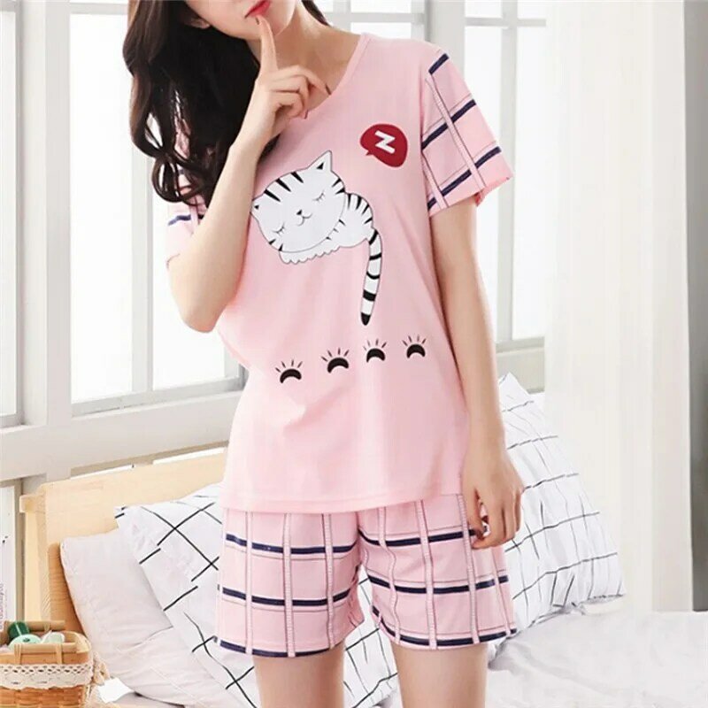 Pijamas de algodón de manga corta para mujer, ropa de dormir informal, Bonita, para el hogar, de verano, M-2XL