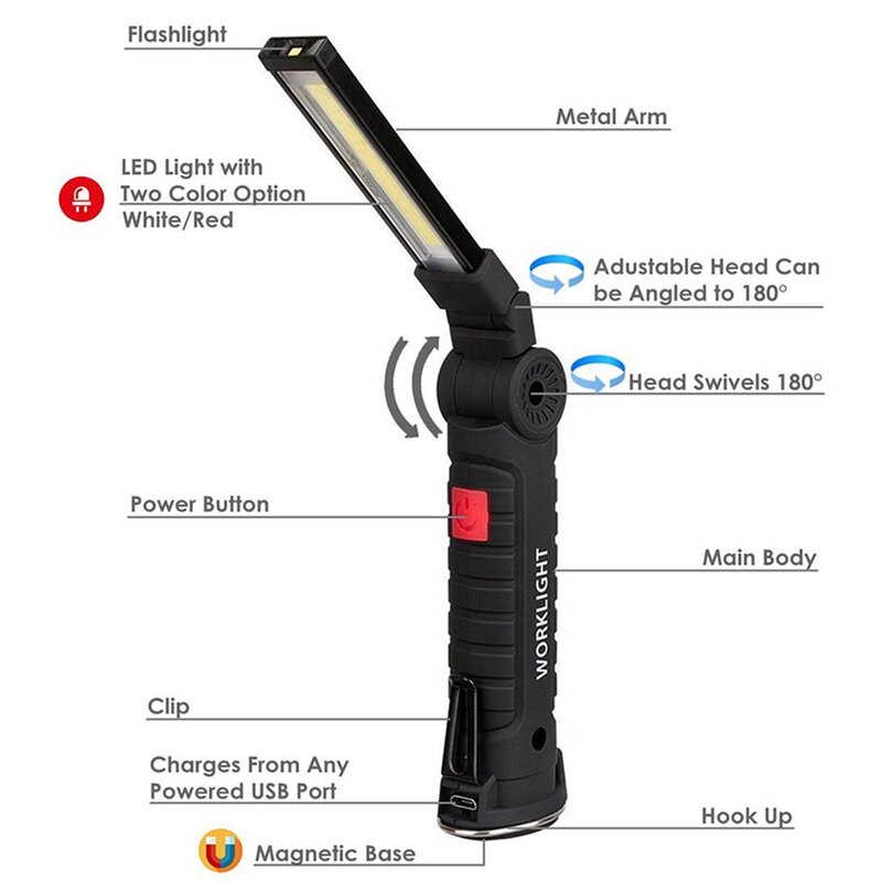 Многофункциональный складной Рабочий фонарь со встроенным аккумулятором и зарядкой по USB, COB Светодиодный фонарь для кемпинга, фонарик для ...