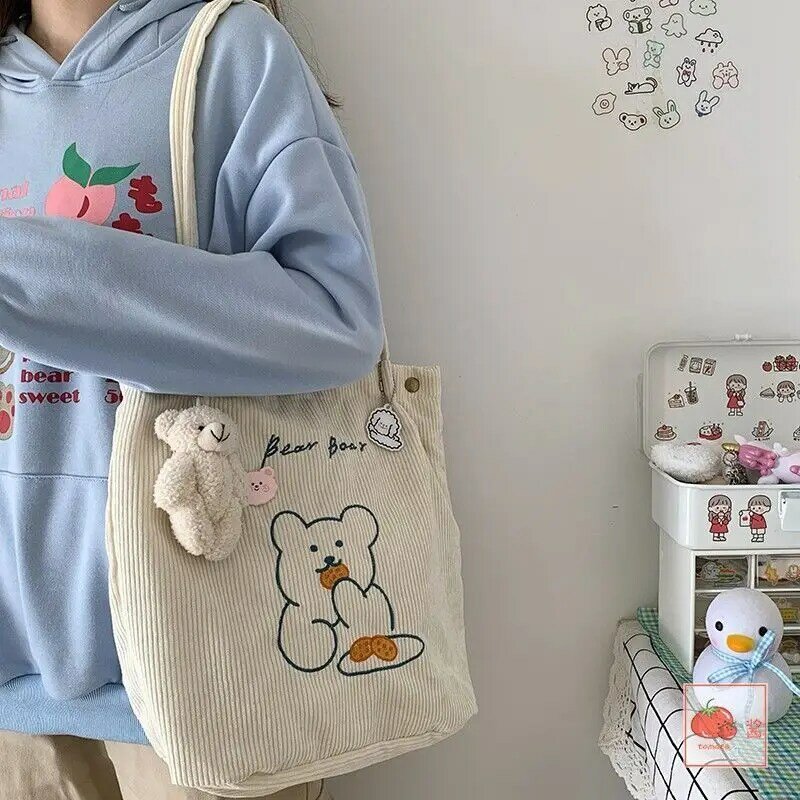 Płótno sztruksowe ramię zakupy słodkie niedźwiedź torby kobiety tornister Tote torebka torba podróżna torebki torebka na co dzień dla kobiet Bookbag