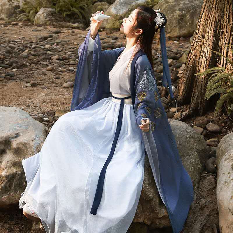 Frauen Hanfu Kleid Chinesischen Traditionellen Antiken Hanfu Kostüme Klassische Stickerei 4PCS Retro Blau und Weiß Täglichen Hanfu Anzug